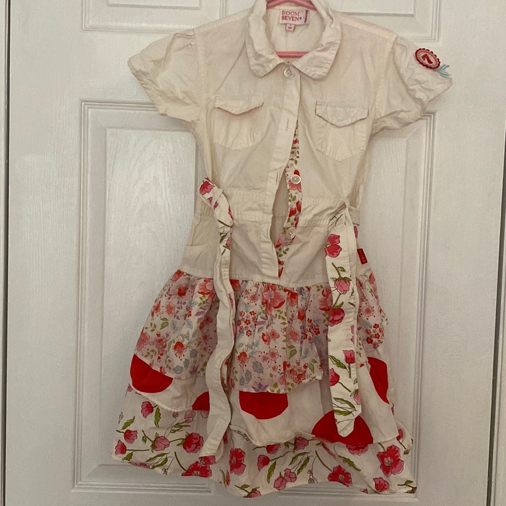 EUC Gorgeous Room Seven Floral Ruffle Belted Dress100%  Cotton Size 7 122